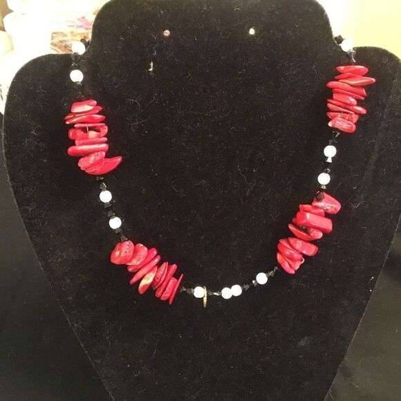 Silvertone Red Coral Necklace - Picture 2 of 6